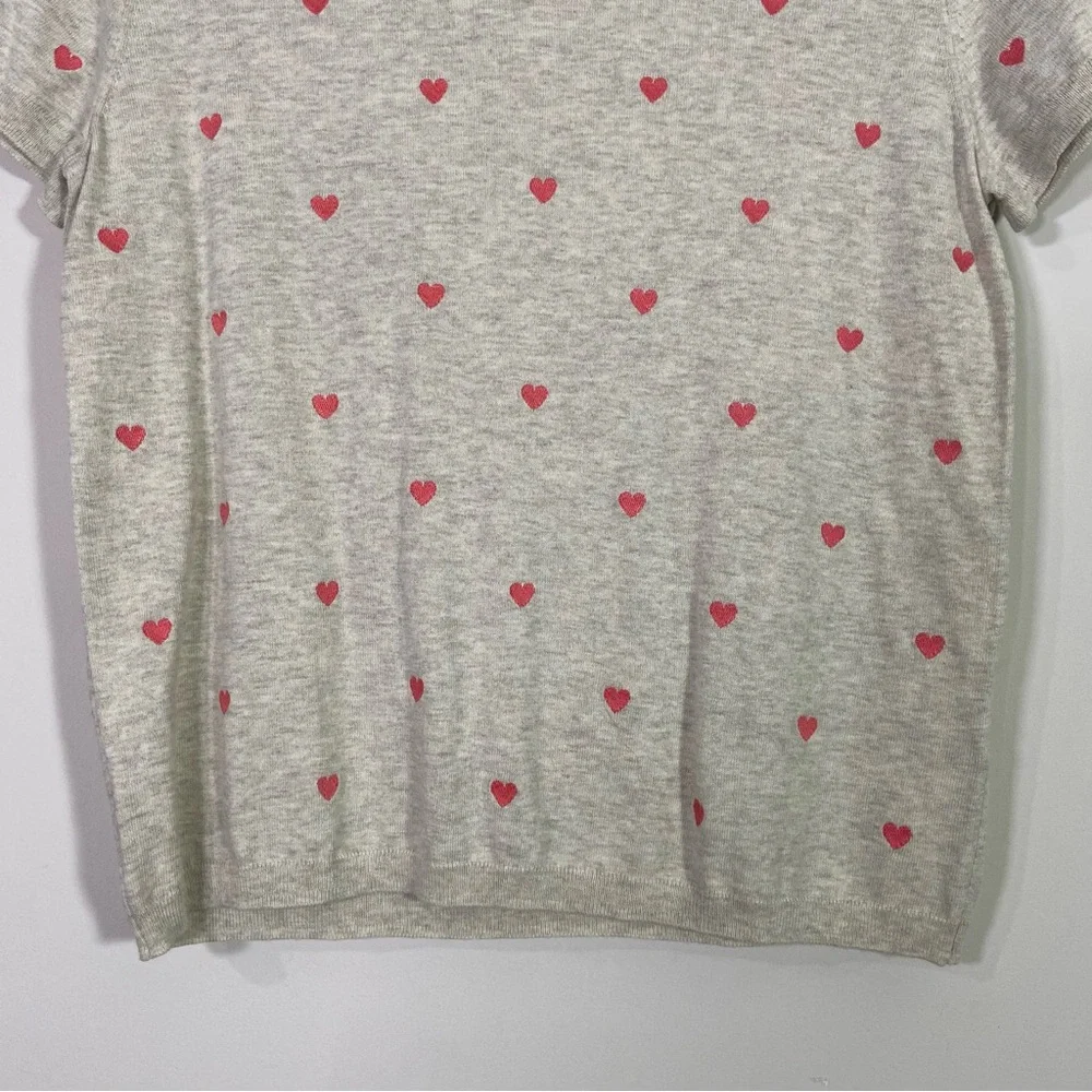 J. Crew Factory Gray Cotton Knit Pink Heart Short Sleeve Crewneck Tee Shirt
